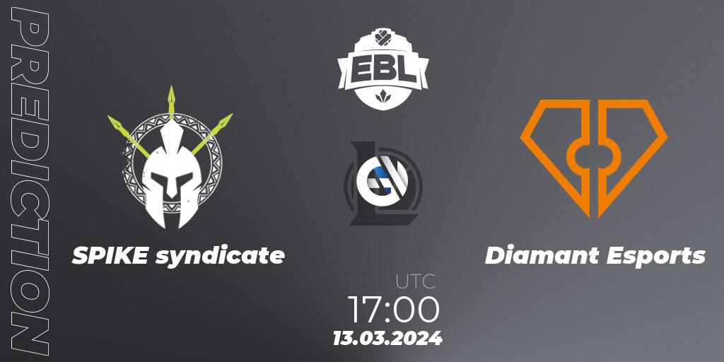 SPIKE syndicate vs Diamant Esports: Betting TIp, Match Prediction. 13.03.2024 at 17:00. LoL, Esports Balkan League Season 14
