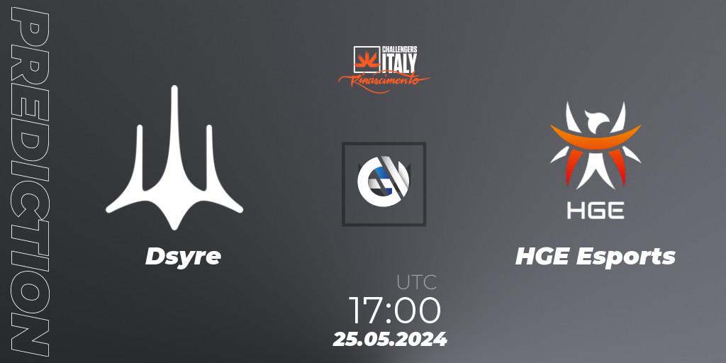 Dsyre vs HGE Esports: Betting TIp, Match Prediction. 25.05.2024 at 17:00. VALORANT, VALORANT Challengers 2024 Italy: Rinascimento Split 2