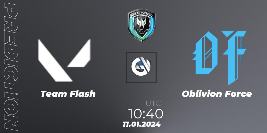 Team Flash vs Oblivion Force: Betting TIp, Match Prediction. 11.01.2024 at 10:40. VALORANT, Asia Pacific Predator League 2024