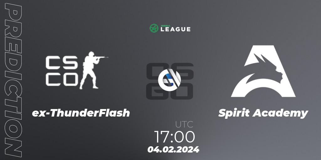 ex-ThunderFlash vs Spirit Academy: Betting TIp, Match Prediction. 04.02.2024 at 17:00. Counter-Strike (CS2), ESEA Season 48: Advanced Division - Europe