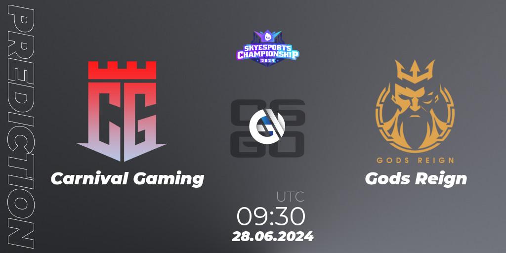 Carnival Gaming vs Gods Reign: Betting TIp, Match Prediction. 28.06.2024 at 09:30. Counter-Strike (CS2), Skyesports Championship 2024: Indian Qualifier