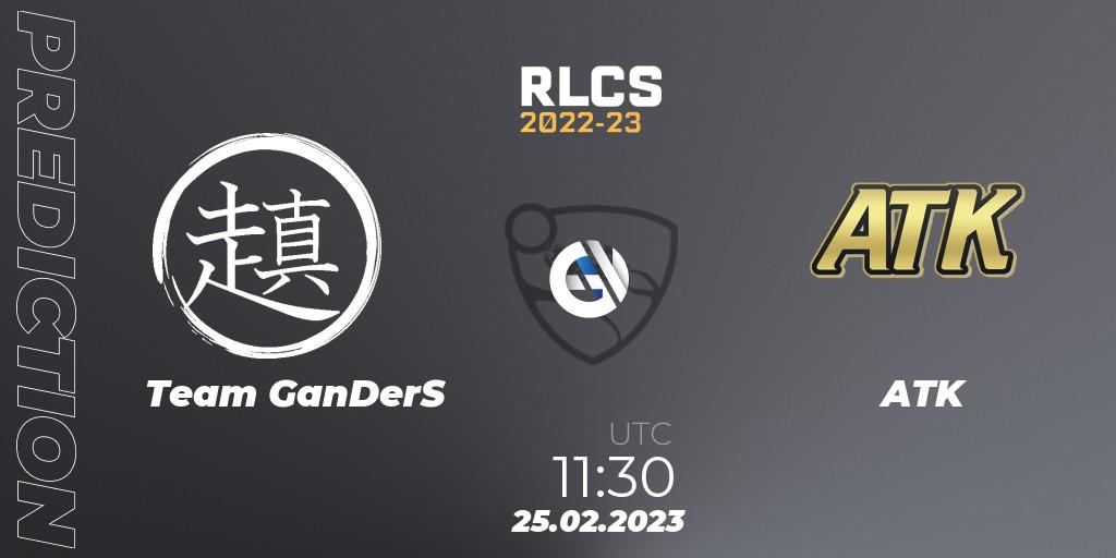 Team GanDerS vs ATK: Betting TIp, Match Prediction. 25.02.2023 at 11:30. Rocket League, RLCS 2022-23 - Winter: Asia-Pacific Regional 3 - Winter Invitational