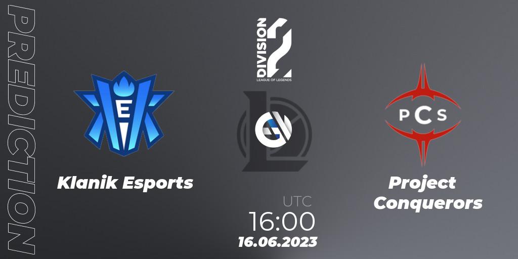 Klanik Esports vs Project Conquerors: Betting TIp, Match Prediction. 16.06.2023 at 16:00. LoL, LFL Division 2 Summer 2023 - Group Stage