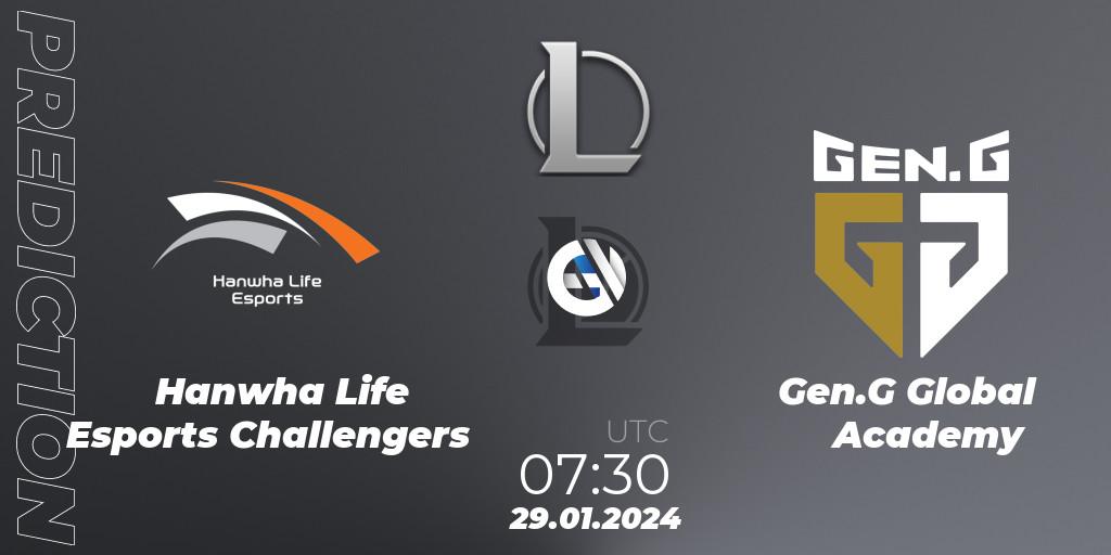 Hanwha Life Esports Challengers vs Gen.G Global Academy: Betting TIp, Match Prediction. 29.01.2024 at 07:30. LoL, LCK Challengers League 2024 Spring - Group Stage