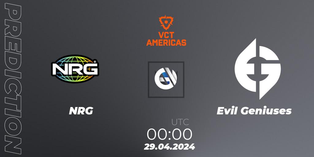 NRG vs Evil Geniuses: Betting TIp, Match Prediction. 29.04.2024 at 00:00. VALORANT, VALORANT Champions Tour 2024: Americas League - Stage 1 - Group Stage