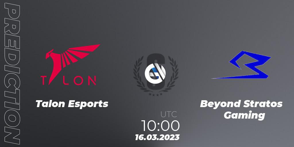Talon Esports vs Beyond Stratos Gaming: Betting TIp, Match Prediction. 16.03.2023 at 10:00. Rainbow Six, South Korea League 2023 - Stage 1
