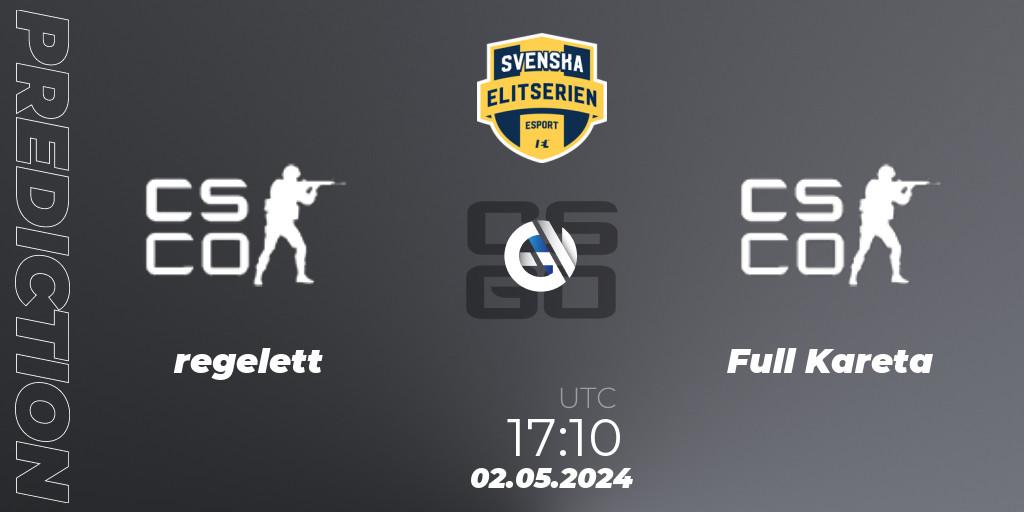 regelett vs Full Kareta: Betting TIp, Match Prediction. 02.05.2024 at 17:10. Counter-Strike (CS2), Svenska Elitserien Spring 2024