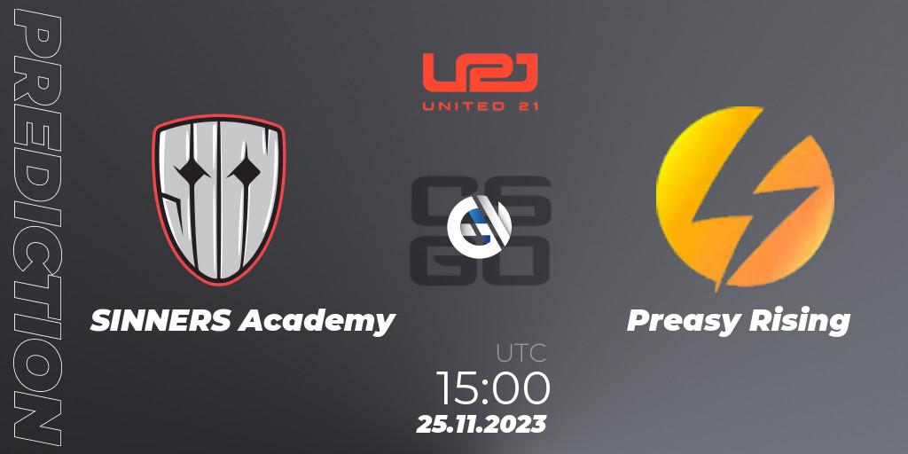 SINNERS Academy vs Preasy Rising: Betting TIp, Match Prediction. 27.11.2023 at 15:00. Counter-Strike (CS2), United21 Season 8: Division 2