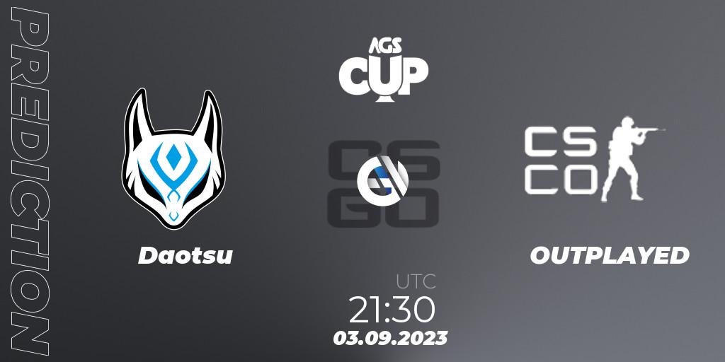 Daotsu vs OUTPLAYED: Betting TIp, Match Prediction. 03.09.2023 at 22:55. Counter-Strike (CS2), AGS CUP 2023: Open Qualififer #3