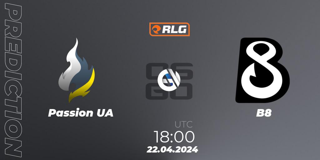 Passion UA vs B8: Betting TIp, Match Prediction. 22.04.2024 at 18:00. Counter-Strike (CS2), RES European Series #2