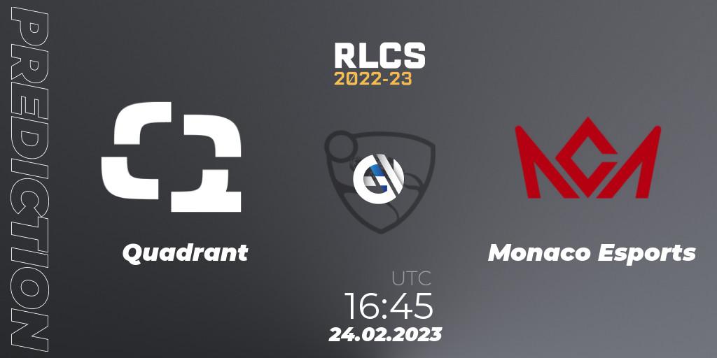 Quadrant vs Monaco Esports: Betting TIp, Match Prediction. 24.02.2023 at 16:45. Rocket League, RLCS 2022-23 - Winter: Europe Regional 3 - Winter Invitational