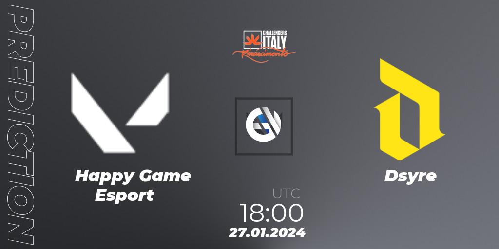 Happy Game Esport vs Dsyre: Betting TIp, Match Prediction. 27.01.2024 at 18:00. VALORANT, VALORANT Challengers 2024 Italy: Rinascimento Split 1