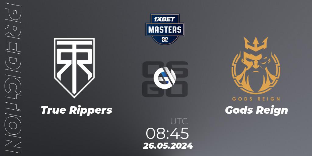 True Rippers vs Gods Reign: Betting TIp, Match Prediction. 26.05.2024 at 08:55. Counter-Strike (CS2), Dust2.in Masters #10