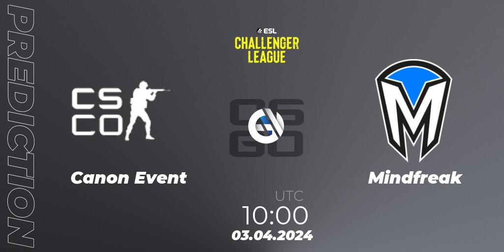 Canon Event vs Mindfreak: Betting TIp, Match Prediction. 03.04.2024 at 10:00. Counter-Strike (CS2), ESL Challenger League Season 47: Oceania