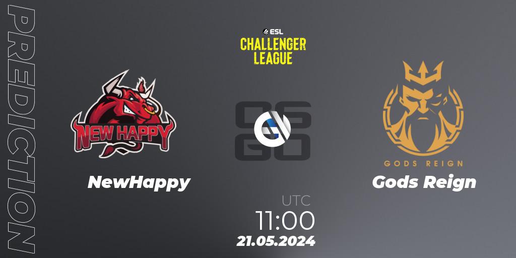 NewHappy vs Gods Reign: Betting TIp, Match Prediction. 21.05.2024 at 09:00. Counter-Strike (CS2), ESL Challenger League Season 47: Asia