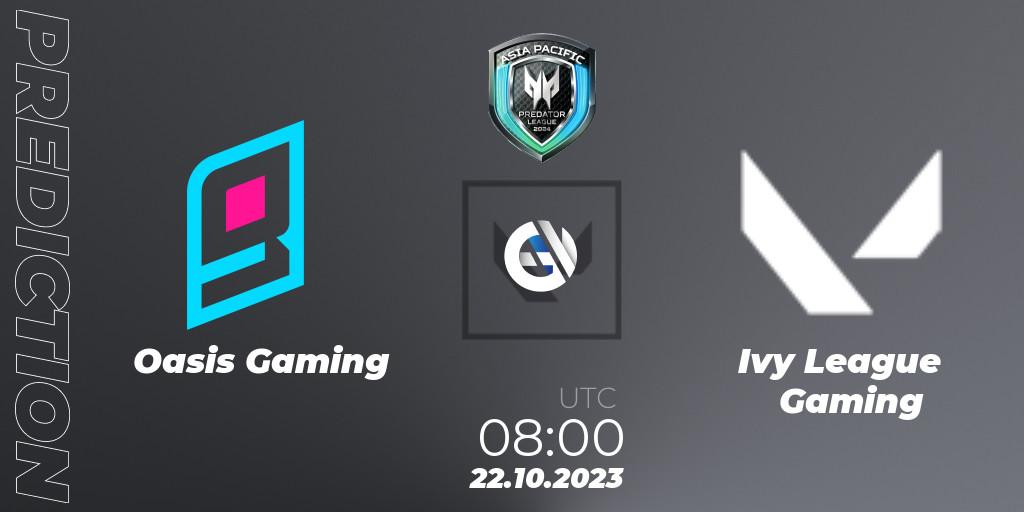 Oasis Gaming vs Ivy League Gaming: Betting TIp, Match Prediction. 22.10.2023 at 08:00. VALORANT, Predator League Philippines 2024