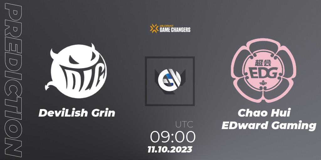 DeviLish Grin vs Chao Hui EDward Gaming: Betting TIp, Match Prediction. 11.10.2023 at 09:00. VALORANT, VALORANT Champions Tour 2023: Game Changers China Qualifier