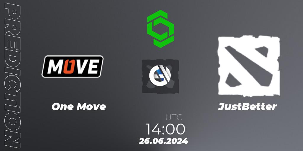 One Move vs JustBetter: Betting TIp, Match Prediction. 26.06.2024 at 17:20. Dota 2, CCT Dota 2 Series 1