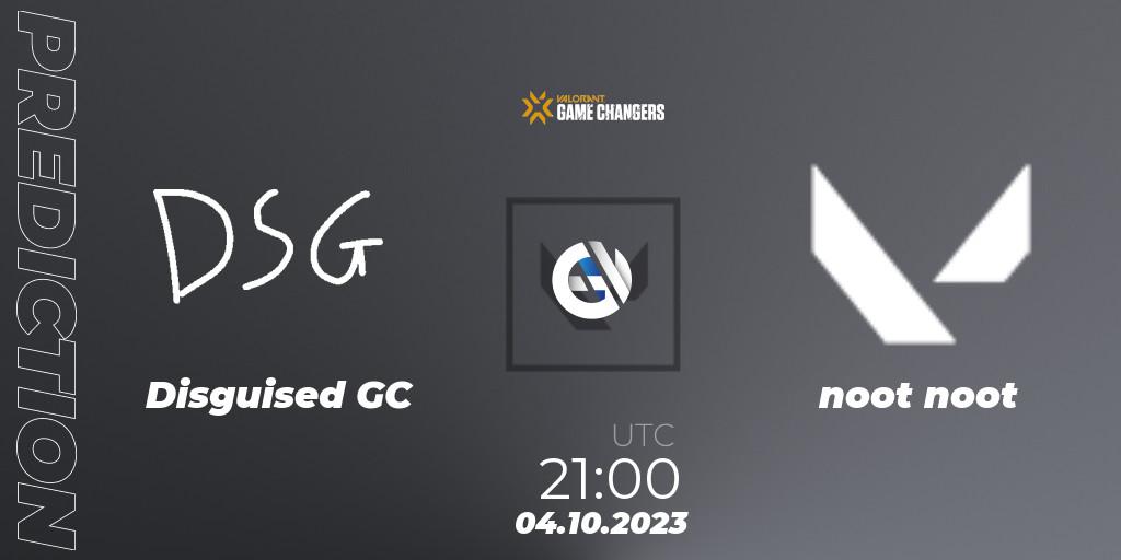 Disguised GC vs noot noot: Betting TIp, Match Prediction. 04.10.2023 at 21:00. VALORANT, VCT 2023: Game Changers North America Series S3