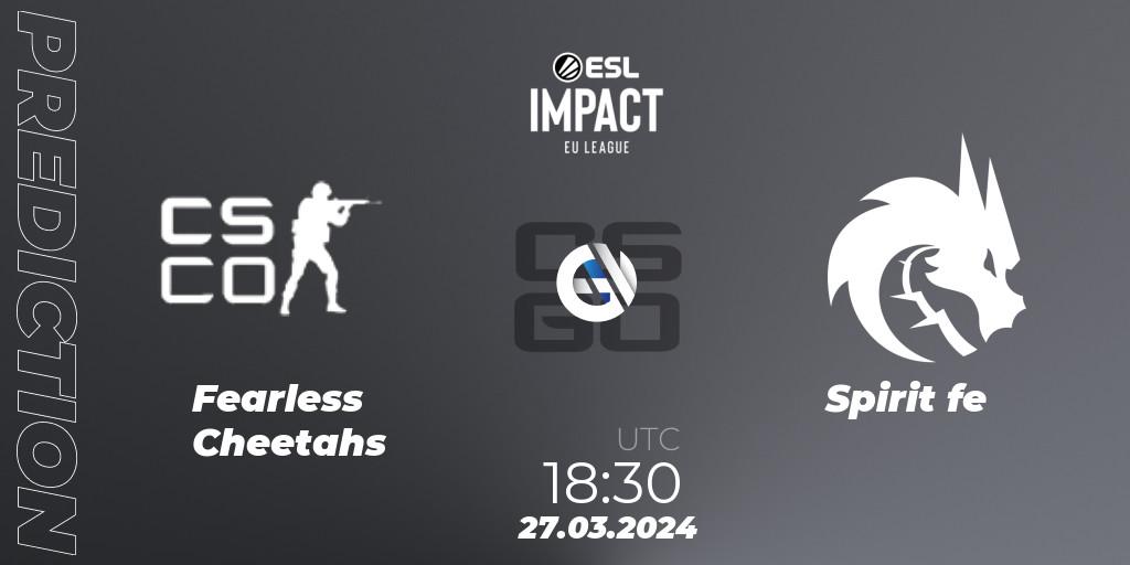 Fearless Cheetahs vs Spirit fe: Betting TIp, Match Prediction. 27.03.2024 at 18:30. Counter-Strike (CS2), ESL Impact League Season 5: Europe