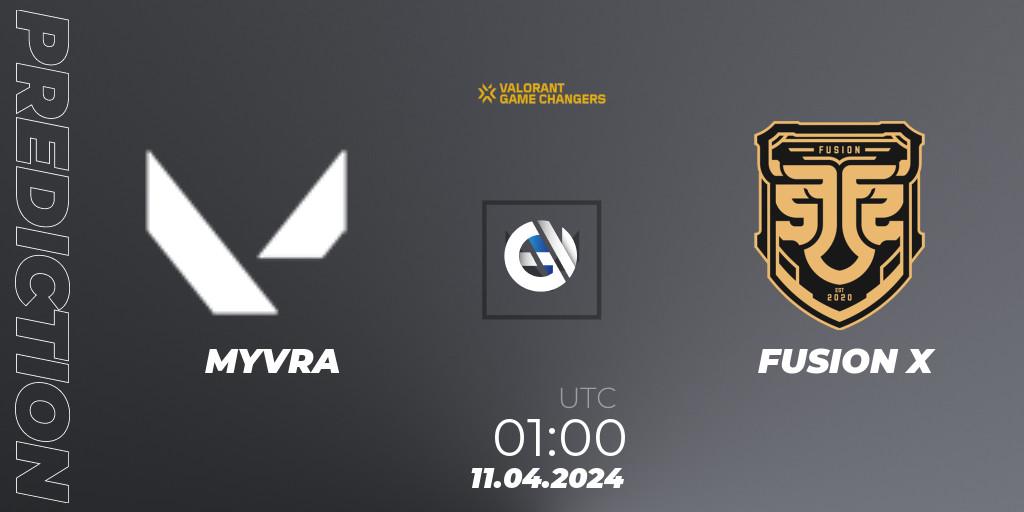 MYVRA vs FUSION X: Betting TIp, Match Prediction. 11.04.2024 at 01:00. VALORANT, VCT 2024: Game Changers LAN - Opening