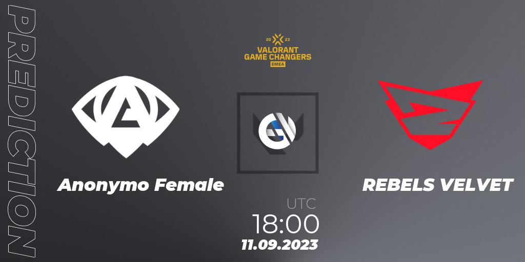 Anonymo Female vs REBELS VELVET: Betting TIp, Match Prediction. 11.09.2023 at 18:30. VALORANT, VCT 2023: Game Changers EMEA Stage 3 - Group Stage