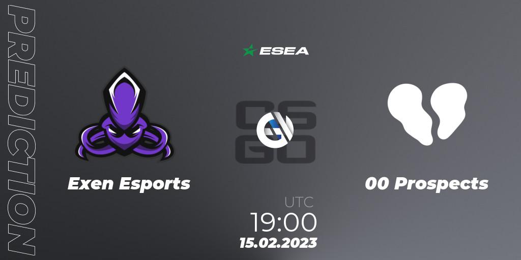 Exen Esports vs 00 Prospects: Betting TIp, Match Prediction. 15.02.2023 at 19:00. Counter-Strike (CS2), ESEA Season 44: Advanced Division - Europe
