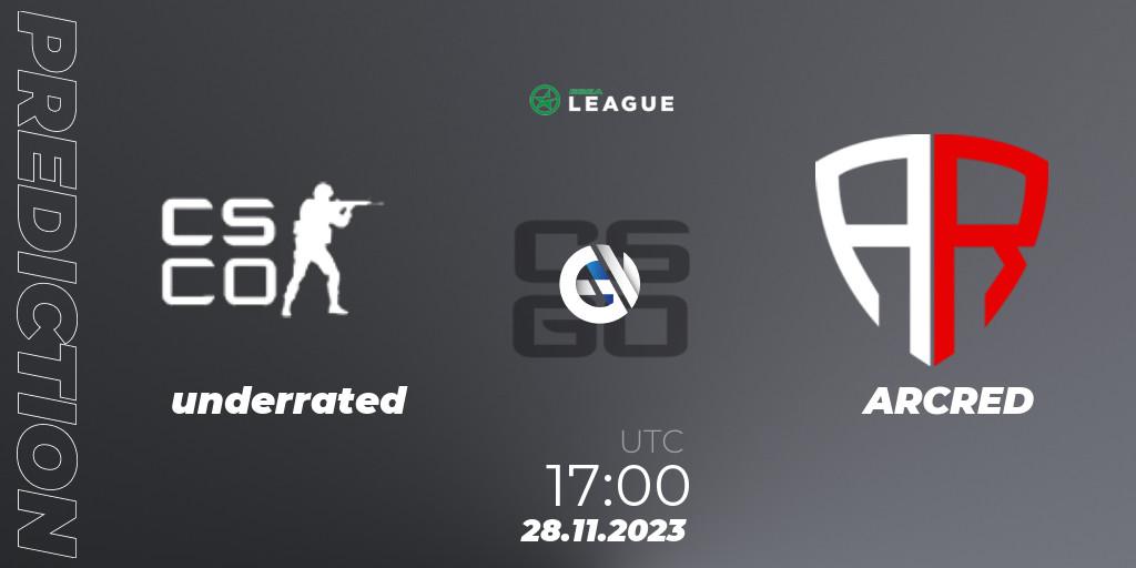 underrated vs ARCRED: Betting TIp, Match Prediction. 28.11.2023 at 17:00. Counter-Strike (CS2), ESEA Season 47: Advanced Division - Europe