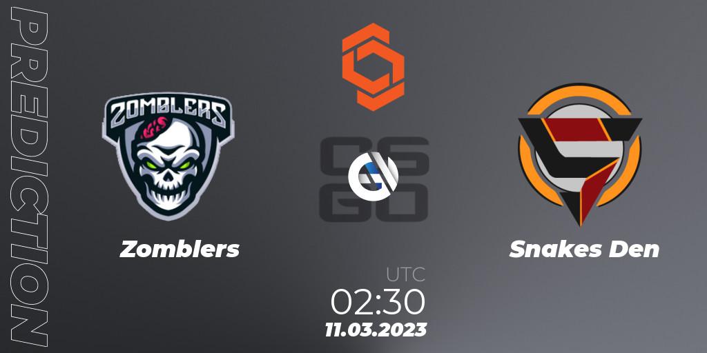 Zomblers vs Snakes Den: Betting TIp, Match Prediction. 11.03.2023 at 02:30. Counter-Strike (CS2), CCT North America Series #4