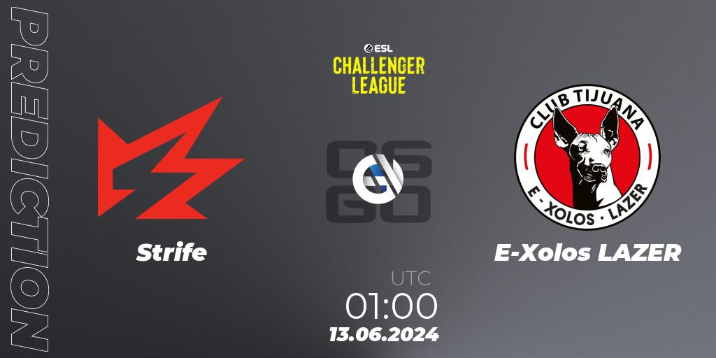 Strife vs E-Xolos LAZER: Betting TIp, Match Prediction. 13.06.2024 at 01:00. Counter-Strike (CS2), ESL Challenger League Season 47 Relegation: North America