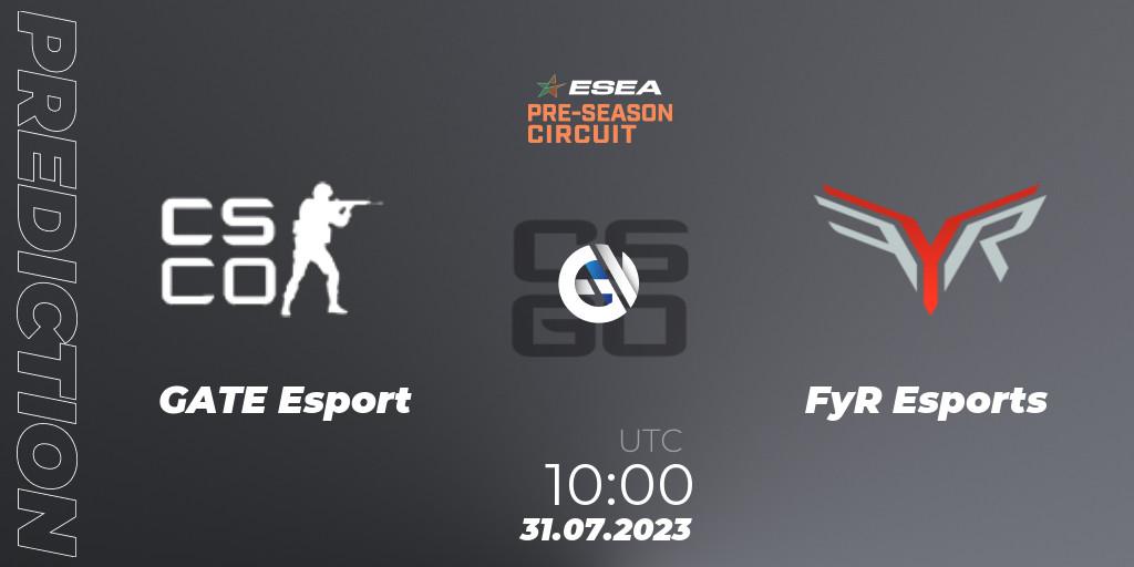 GATE Esport vs FyR Esports: Betting TIp, Match Prediction. 31.07.2023 at 10:00. Counter-Strike (CS2), ESEA Pre-Season Circuit 2023: Asian Final