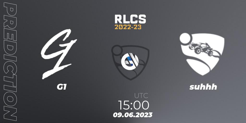 G1 vs suhhh: Betting TIp, Match Prediction. 09.06.2023 at 15:00. Rocket League, RLCS 2022-23 - Spring: Europe Regional 3 - Spring Invitational