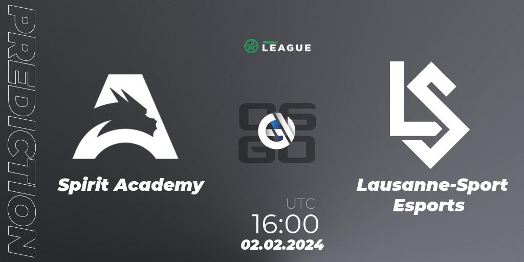 Spirit Academy vs Lausanne-Sport Esports: Betting TIp, Match Prediction. 02.02.2024 at 16:00. Counter-Strike (CS2), ESEA Season 48: Advanced Division - Europe
