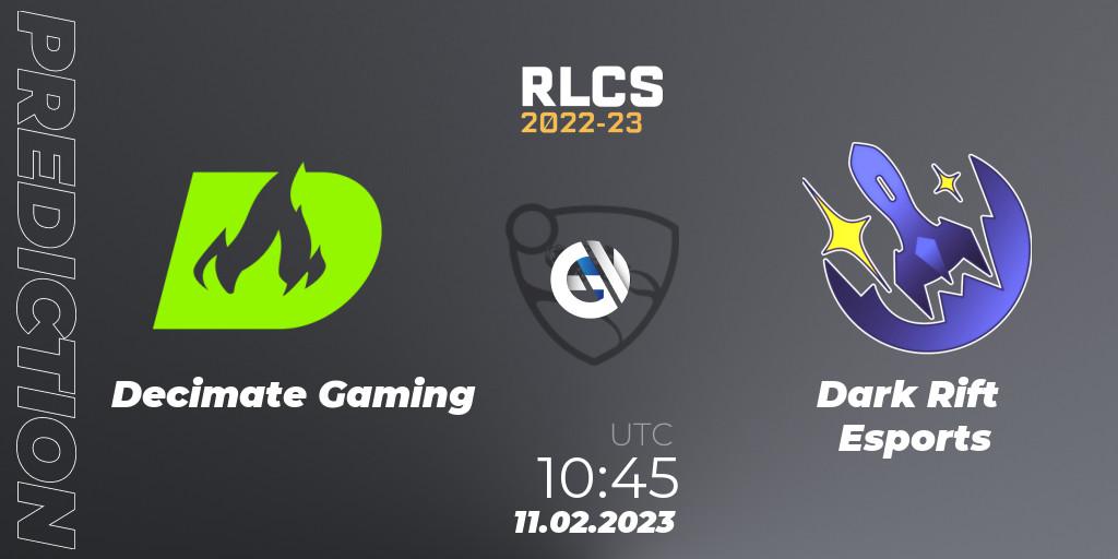 Decimate Gaming vs Dark Rift Esports: Betting TIp, Match Prediction. 11.02.2023 at 10:45. Rocket League, RLCS 2022-23 - Winter: Asia-Pacific Regional 2 - Winter Cup