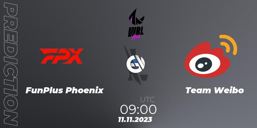 FunPlus Phoenix vs Team Weibo: Betting TIp, Match Prediction. 11.11.2023 at 09:00. Wild Rift, WRL Asia 2023 - Season 2 - Regular Season
