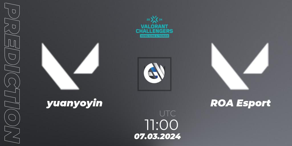 yuanyoyin vs ROA: Betting TIp, Match Prediction. 07.03.2024 at 11:00. VALORANT, VALORANT Challengers Hong Kong and Taiwan 2024: Split 1