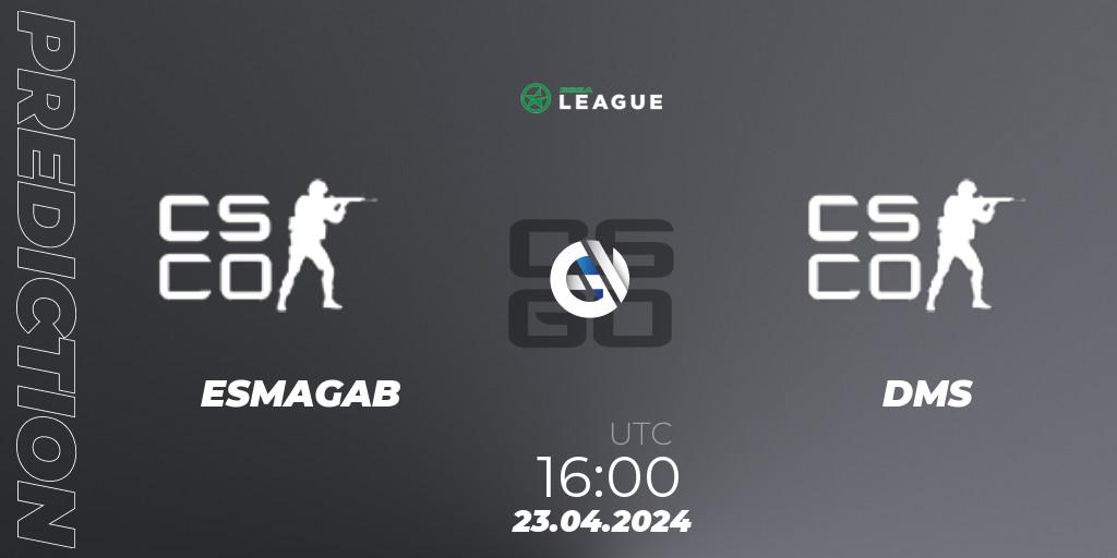 ESMAGAB vs DMS: Betting TIp, Match Prediction. 23.04.2024 at 16:00. Counter-Strike (CS2), ESEA Season 49: Advanced Division - Europe