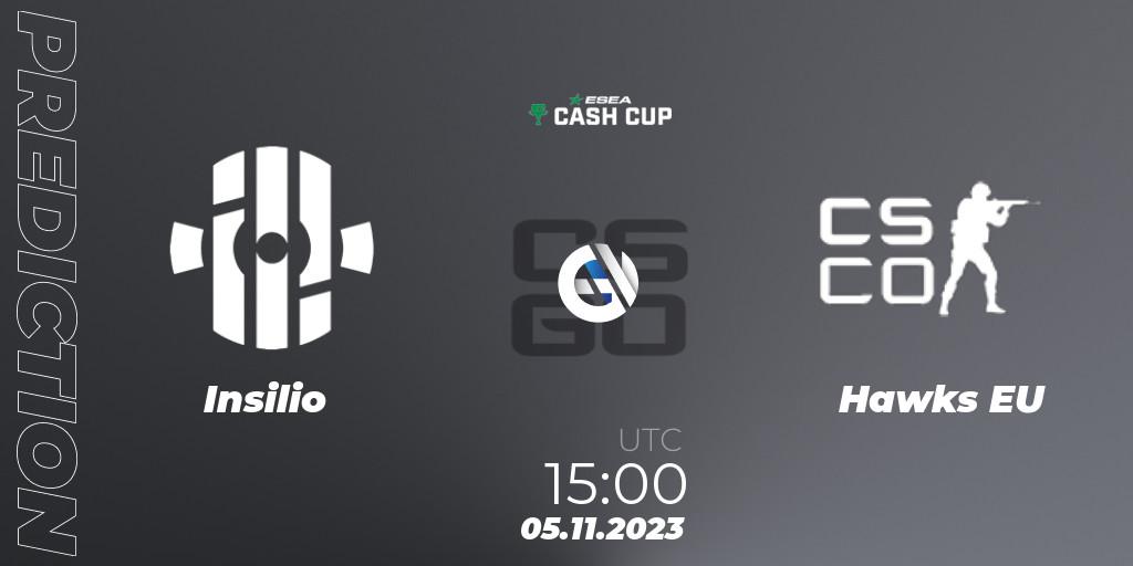 Insilio vs Hawks EU: Betting TIp, Match Prediction. 05.11.2023 at 15:00. Counter-Strike (CS2), ESEA Cash Cup: Europe - Autumn 2023 #4