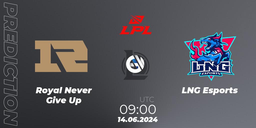 Royal Never Give Up vs LNG Esports: Betting TIp, Match Prediction. 14.06.2024 at 09:00. LoL, LPL 2024 Summer - Group Stage