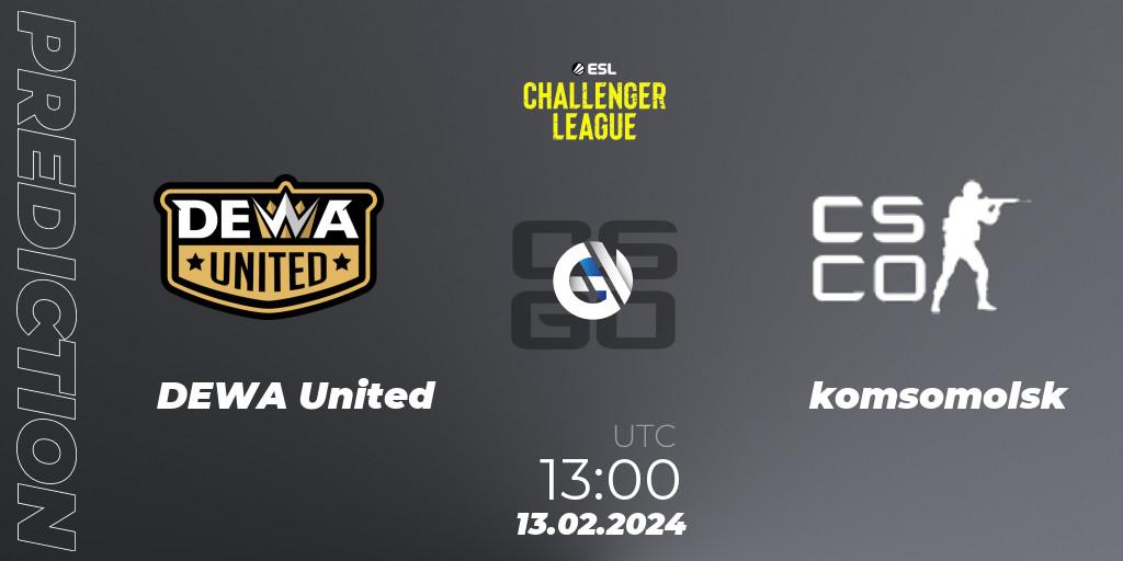 DEWA United vs komsomolsk: Betting TIp, Match Prediction. 13.02.2024 at 13:00. Counter-Strike (CS2), ESL Challenger League Season 47: Asia