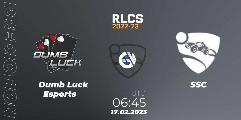 Dumb Luck Esports vs SSC: Betting TIp, Match Prediction. 17.02.2023 at 06:45. Rocket League, RLCS 2022-23 - Winter: Oceania Regional 2 - Winter Cup