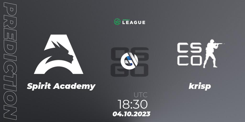 Spirit Academy vs krisp: Betting TIp, Match Prediction. 04.10.2023 at 18:00. Counter-Strike (CS2), ESEA Season 46: Open Division - Europe