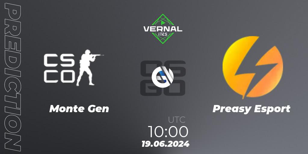 Monte Gen vs Preasy Esport: Betting TIp, Match Prediction. 19.06.2024 at 10:00. Counter-Strike (CS2), ITES Vernal