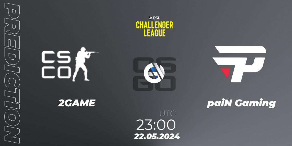 2GAME vs paiN Gaming: Betting TIp, Match Prediction. 22.05.2024 at 23:00. Counter-Strike (CS2), ESL Challenger League Season 47: South America