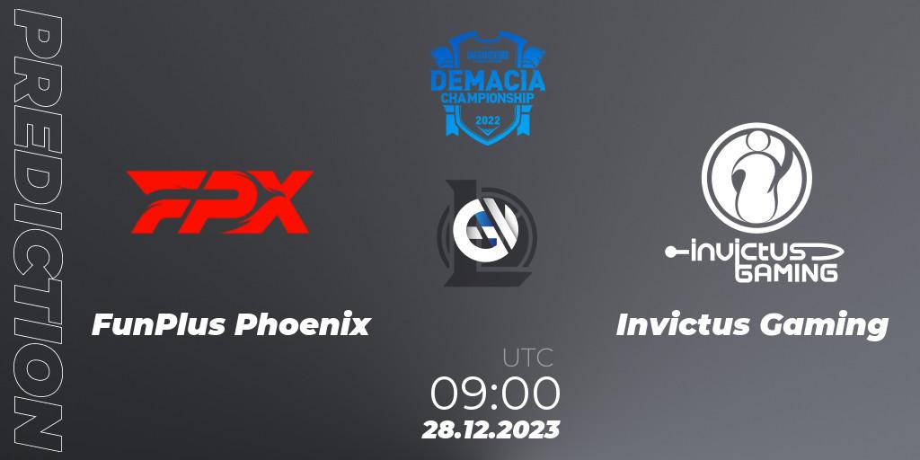 FunPlus Phoenix vs Invictus Gaming: Betting TIp, Match Prediction. 28.12.2023 at 08:00. LoL, Demacia Cup 2023 Group Stage