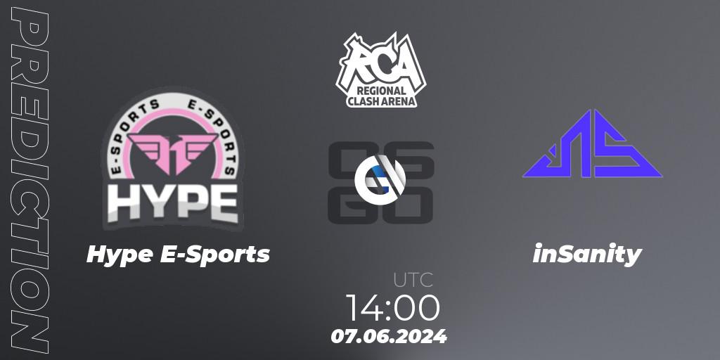 Hype E-Sports vs inSanity: Betting TIp, Match Prediction. 07.06.2024 at 22:00. Counter-Strike (CS2), Regional Clash Arena South America