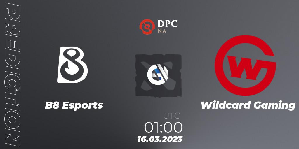 B8 Esports vs Wildcard Gaming: Betting TIp, Match Prediction. 16.03.2023 at 02:07. Dota 2, DPC 2023 Tour 2: NA Division I (Upper)
