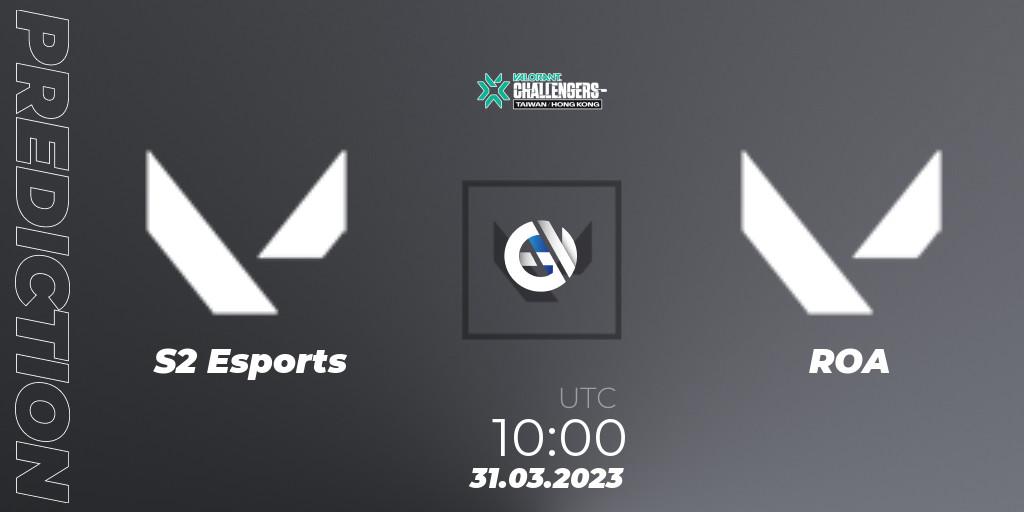S2 Esports vs ROA: Betting TIp, Match Prediction. 31.03.2023 at 10:00. VALORANT, VALORANT Challengers 2023: Hong Kong & Taiwan Split 2 - Group stage