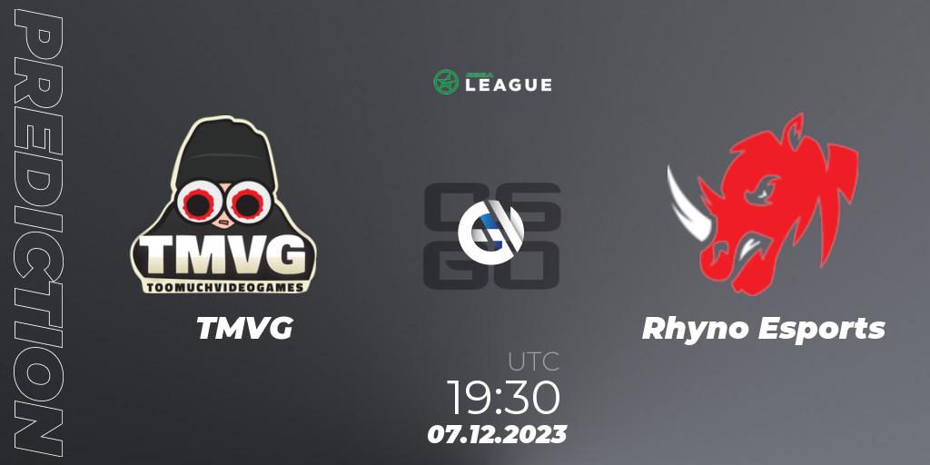 TMVG vs Rhyno Esports: Betting TIp, Match Prediction. 08.12.2023 at 15:30. Counter-Strike (CS2), ESEA Season 47: Main Division - Europe