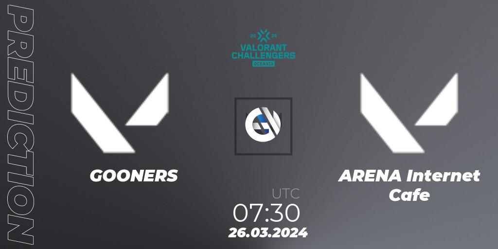 GOONERS vs ARENA Internet Cafe: Betting TIp, Match Prediction. 26.03.2024 at 07:30. VALORANT, VALORANT Challengers 2024 Oceania: Split 1